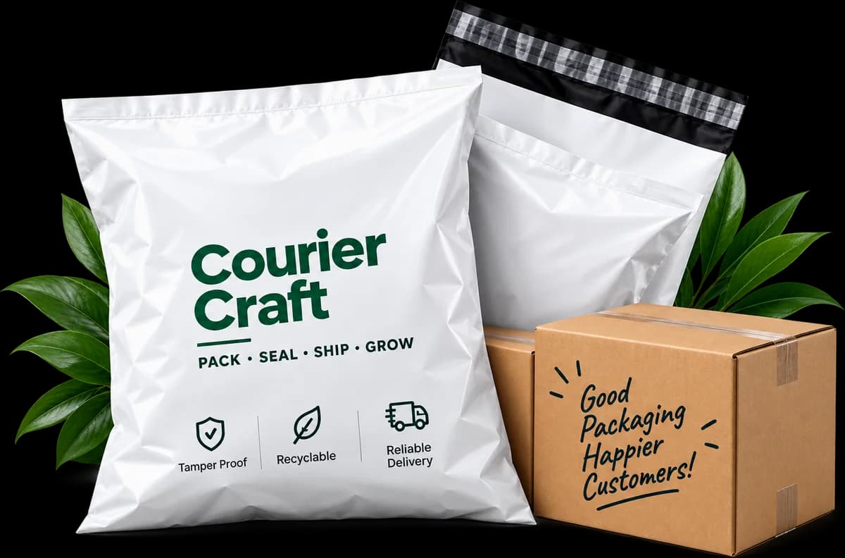 Courier Craft branded white courier bags and a kraft corrugated shipping box