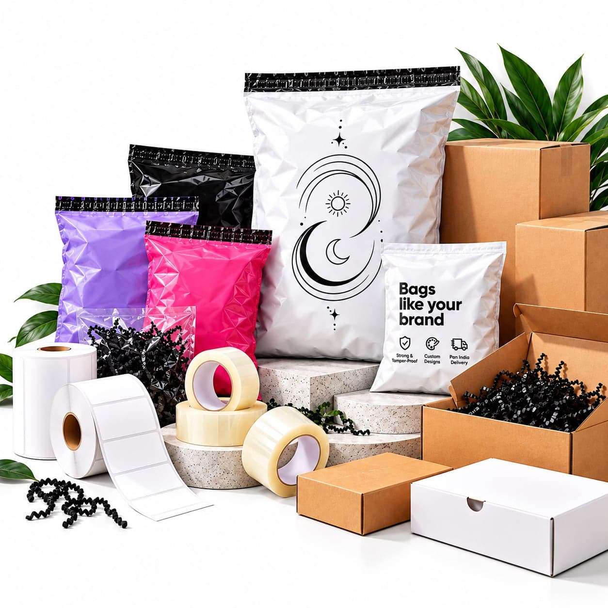 Courier Craft white printed, black, pink and purple courier bags with corrugated boxes, packing tape, thermal label rolls and shredded paper filler