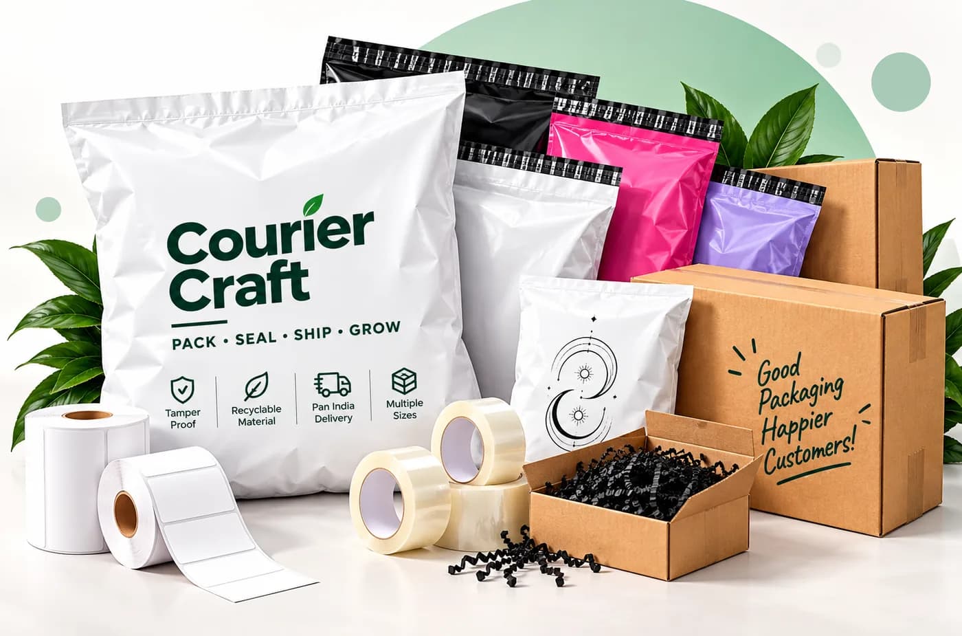 Courier Craft branded white courier bags with black, pink and purple bags, corrugated boxes, packing tape, thermal label rolls and shredded paper filler